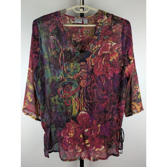 Vintage Chico's size 3 US XL 100% silk tunic length tie waist blouse colorful - Picture 1 of 8